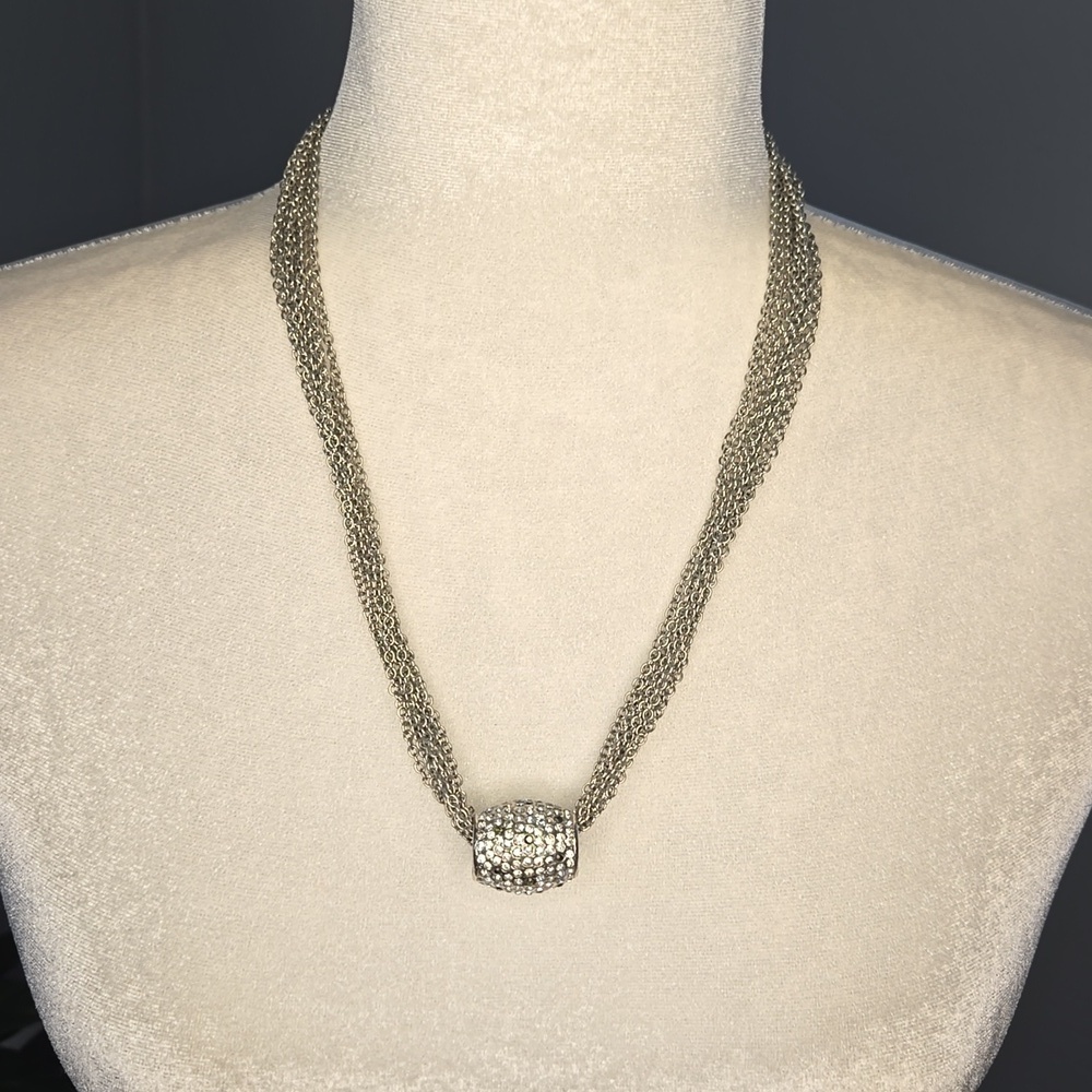 Chico's Silvertone 19-23" Multi-Strand Necklace with Rhinestone Encrusted Barrel
